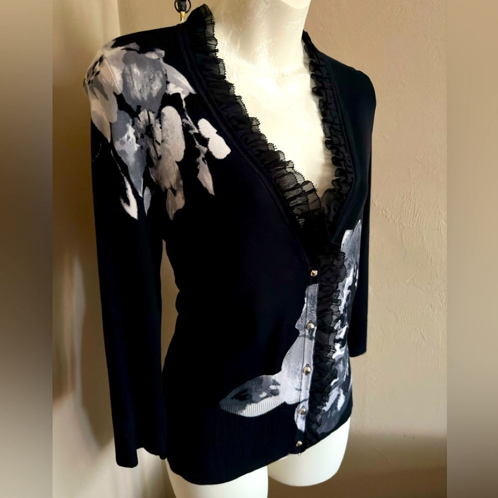 White House Black Market Black Cardigan with Gray Floral Print - Picture 2 of 4